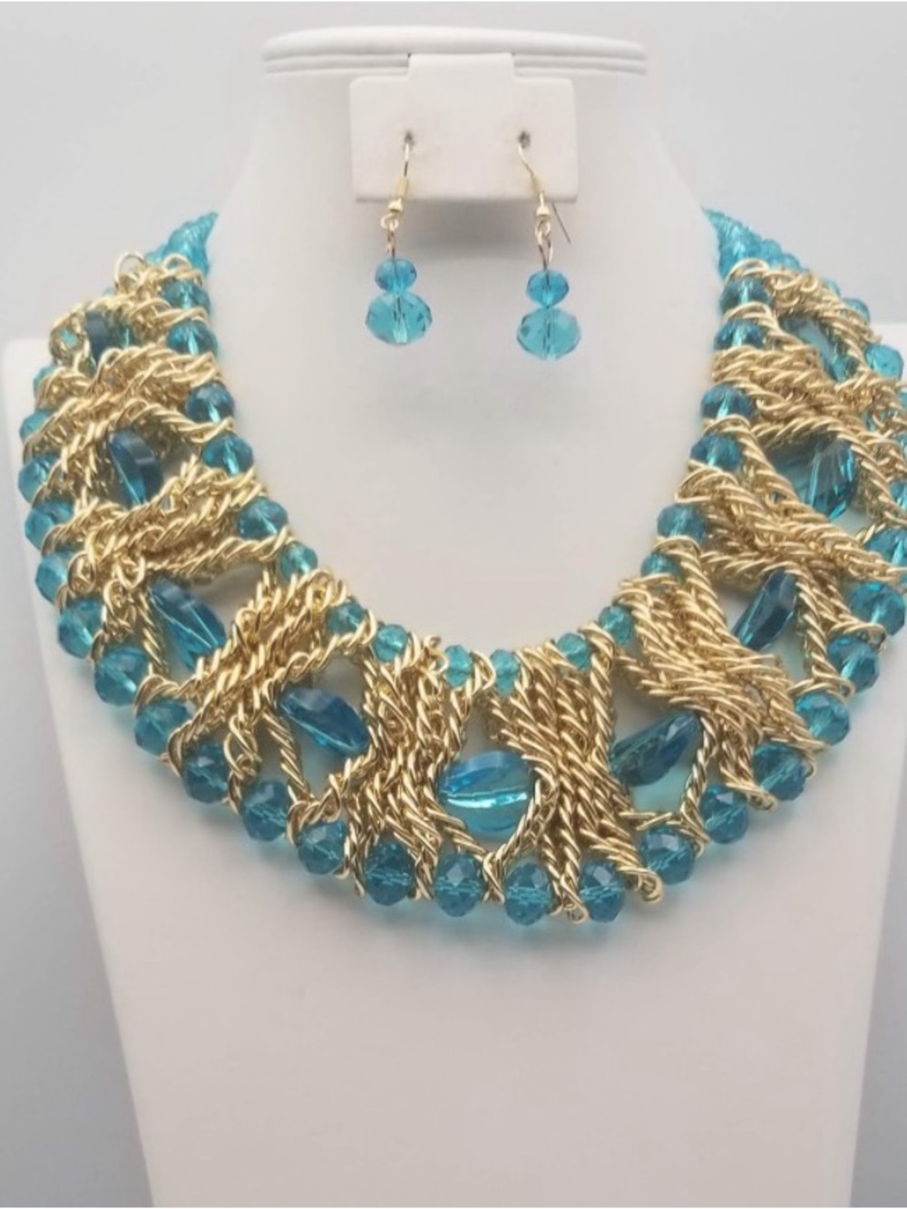 Gold and Teal Statement Necklace with Matching Earrings